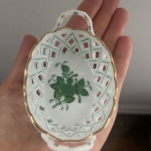 Herend White and Green Porcelain Basket with Gold Trim